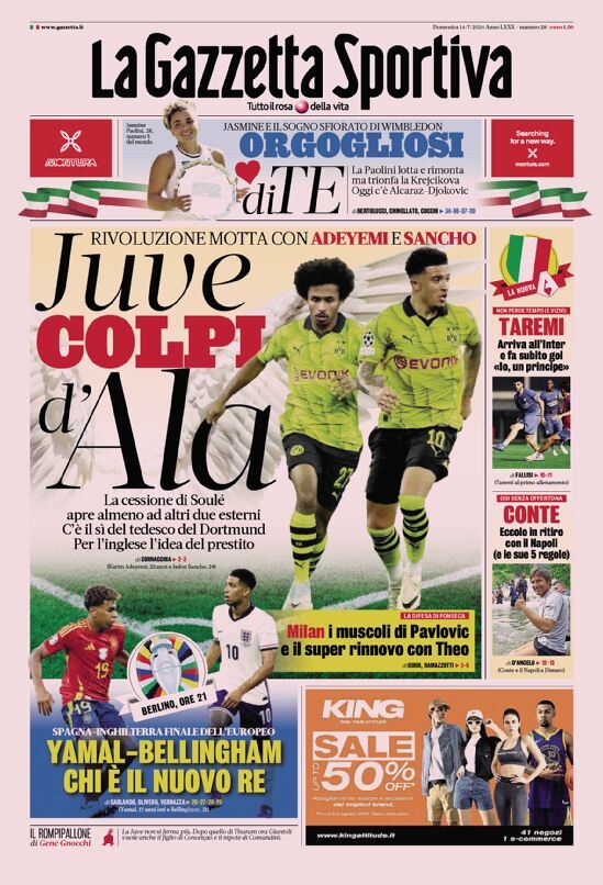 Gazzetta dello Sport Prima Pagina – Edizione di Oggi, Domenica 14 Luglio 2024