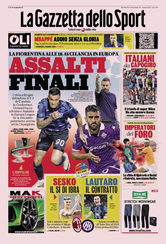 Gazzetta dello Sport prima pagina 
            Edizione di Oggi, Mercoledì 08 Maggio 2024