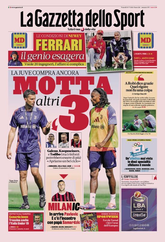 Gazzetta dello Sport prima pagina 
            Edizione di Oggi, Venerdì 19 Luglio 2024