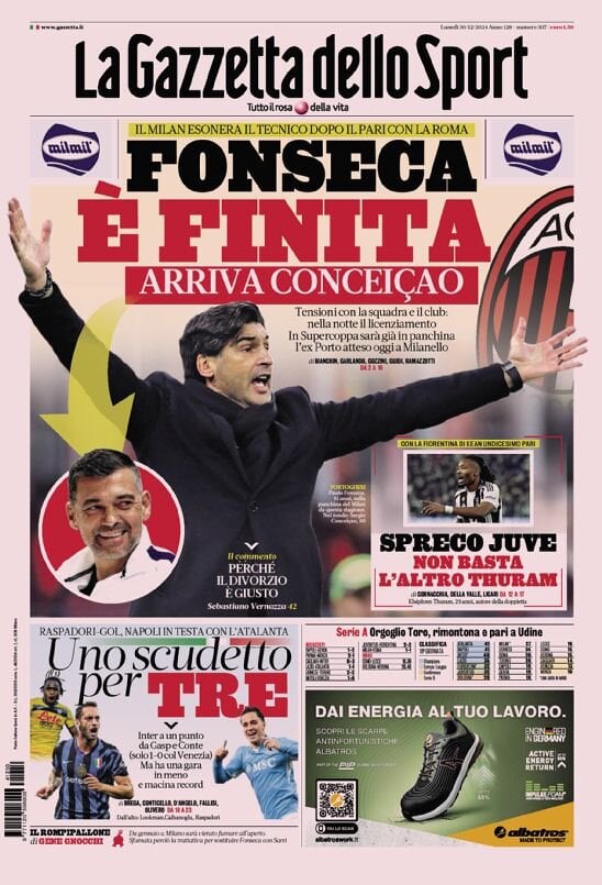 Gazzetta dello Sport prima pagina 
            Edizione di Oggi, Lunedì 30 Dicembre 2024