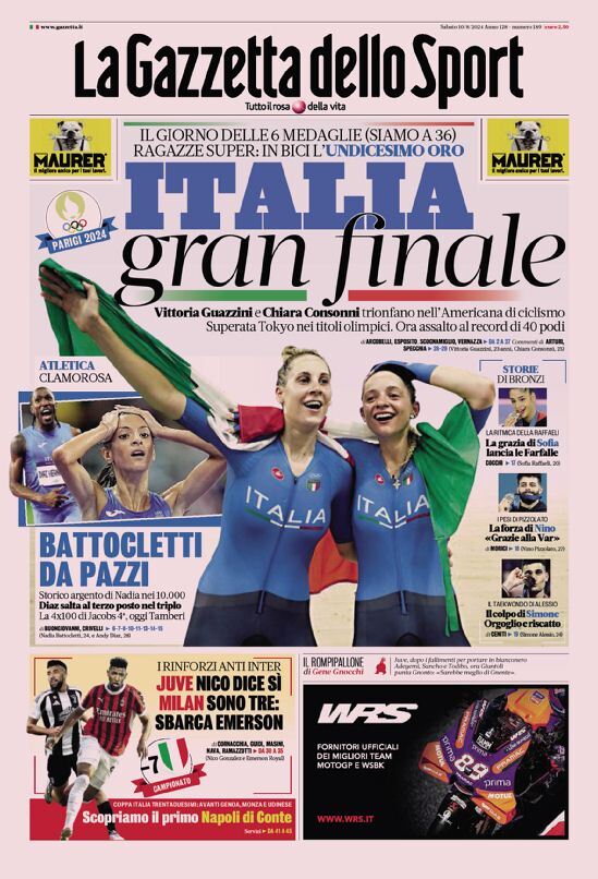 Gazzetta dello Sport prima pagina 
            Edizione di Oggi, Sabato 10 Agosto 2024