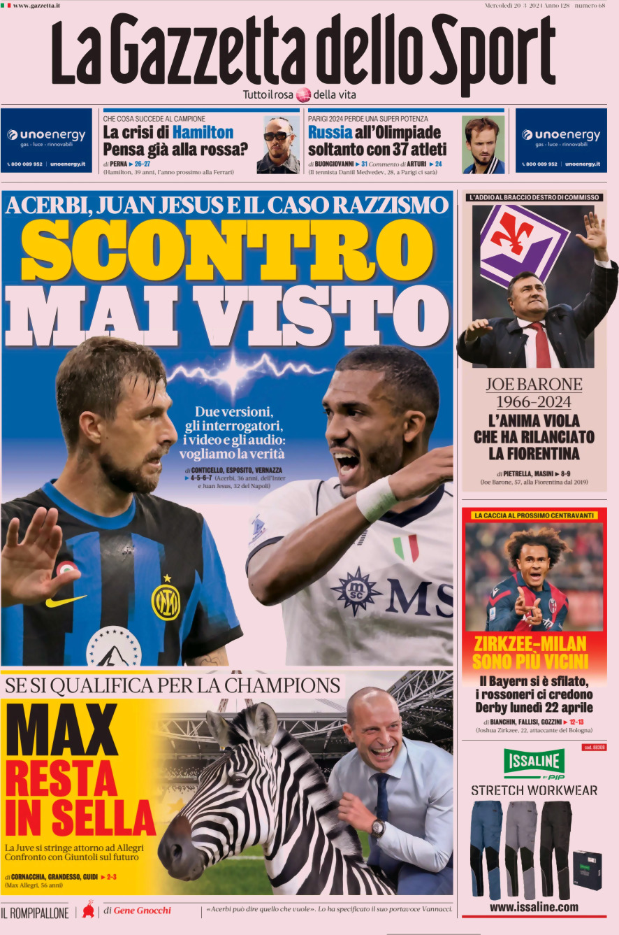 Gazzetta dello Sport prima pagina di oggi 
            Edizione di Oggi, Mercoledì 20 Marzo 2024