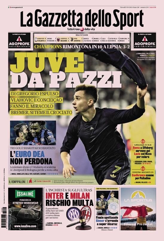 Gazzetta dello Sport prima pagina 
            Edizione di Oggi, Giovedì 03 Ottobre 2024