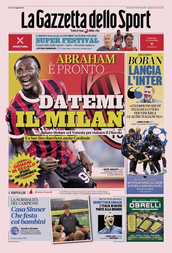 Gazzetta dello Sport prima pagina 
            Edizione di Oggi, Giovedì 12 Settembre 2024