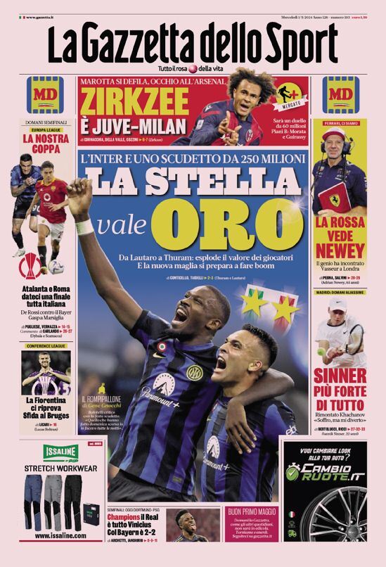 Gazzetta dello Sport prima pagina 
            Edizione di Oggi, Mercoledì 01 Maggio 2024