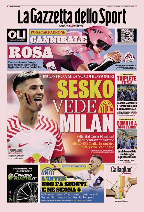 Gazzetta dello Sport prima pagina 
            Edizione di Oggi, Sabato 11 Maggio 2024