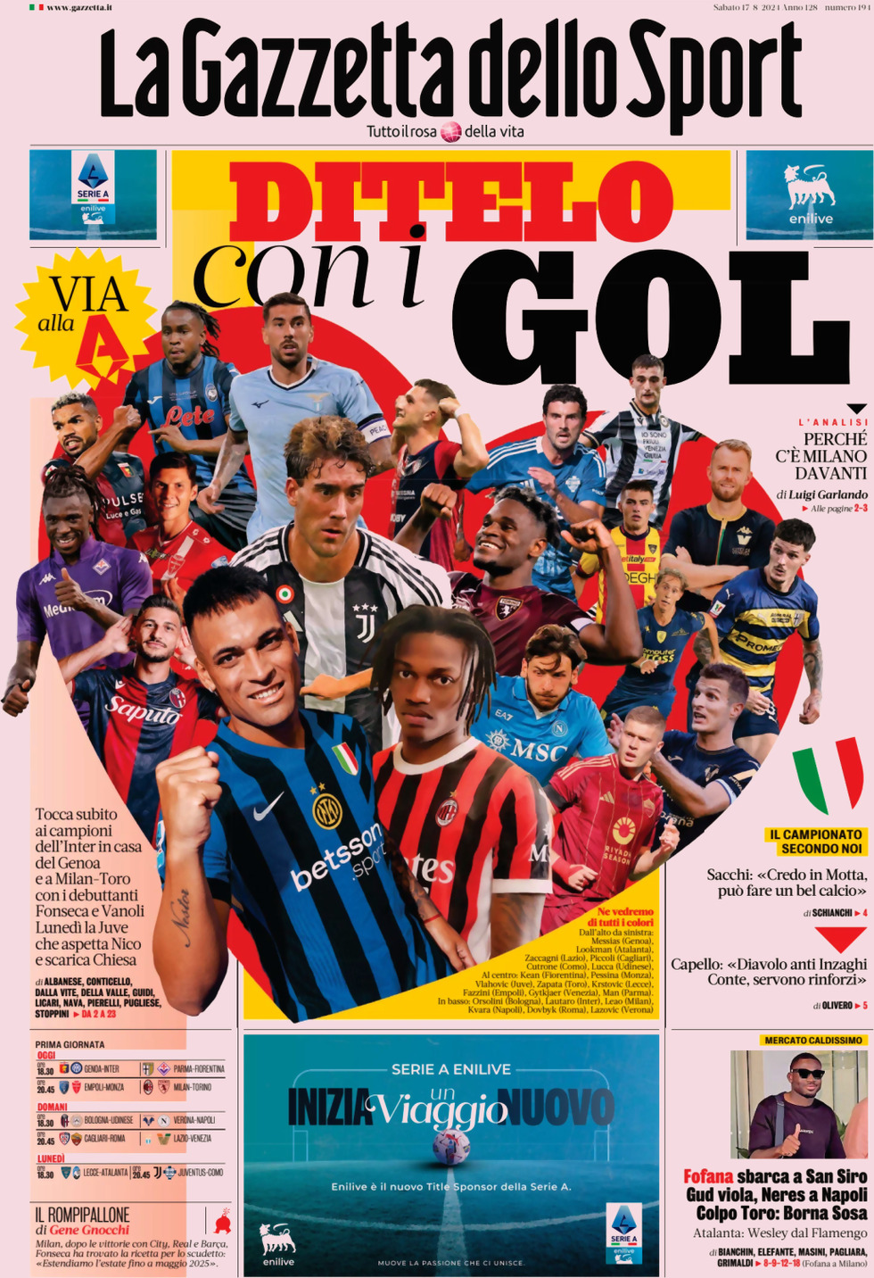 Gazzetta dello Sport prima pagina – Edizione di Oggi, Sabato 17 Agosto 2024