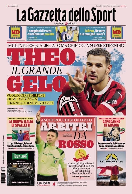 Gazzetta dello Sport prima pagina 
            Edizione di Oggi, Mercoledì 09 Ottobre 2024