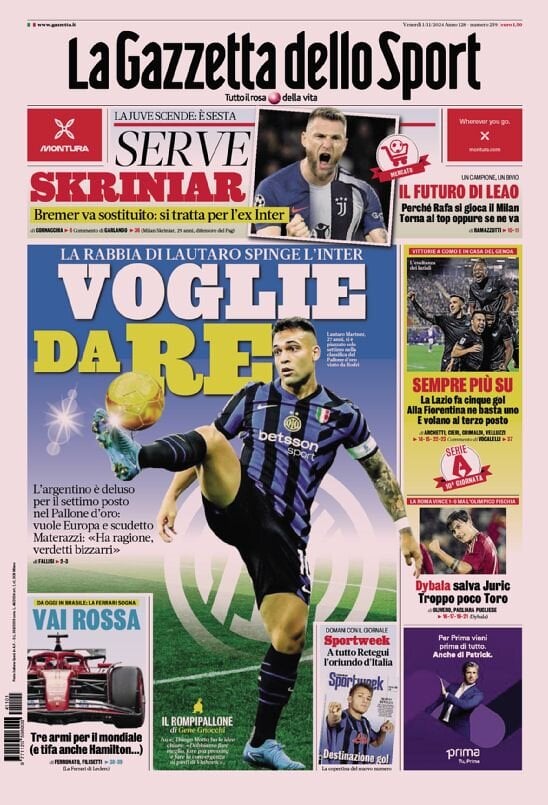 Gazzetta dello Sport prima pagina 
            Edizione di Oggi, Venerdì 01 Novembre 2024