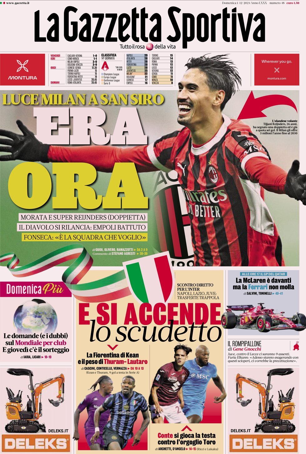 Gazzetta dello Sport prima pagina 
            Edizione di Ieri, Domenica 01 Dicembre 2024