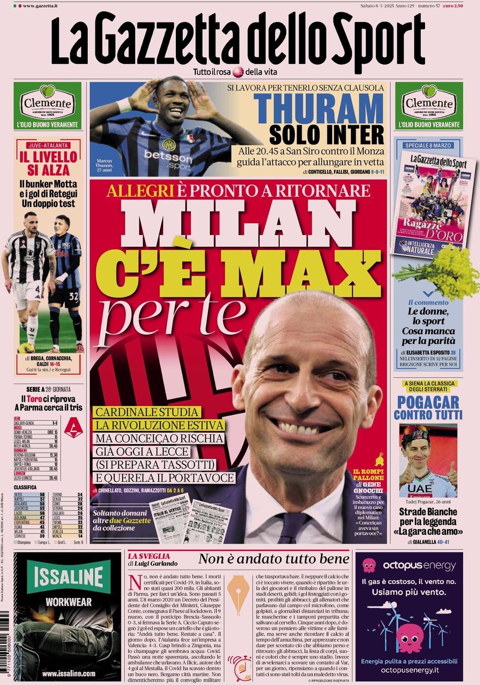 Gazzetta dello Sport prima pagina 
            Edizione di Ieri, Sabato 08 Marzo 2025