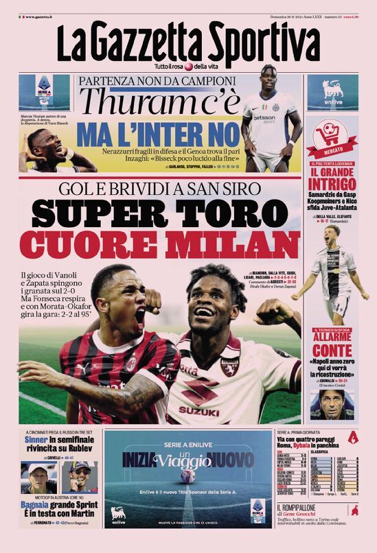 Gazzetta dello Sport prima pagina 
            Edizione di Oggi, Domenica 18 Agosto 2024