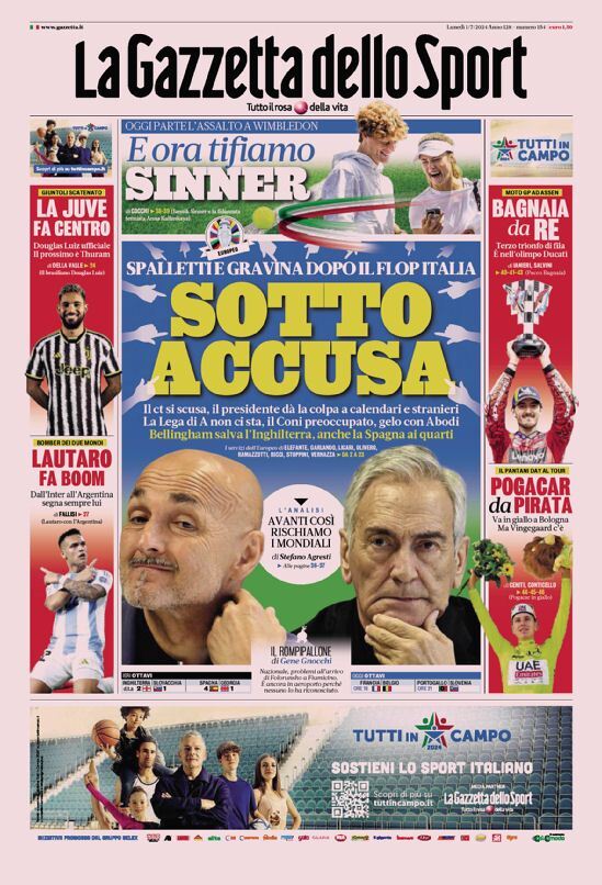 Gazzetta dello Sport Prima Pagina – Edizione di Oggi, Lunedì 01 Luglio 2024