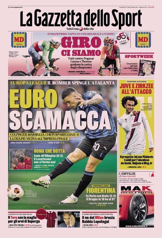 Gazzetta dello Sport prima pagina 
            Edizione di Oggi, Venerdì 03 Maggio 2024