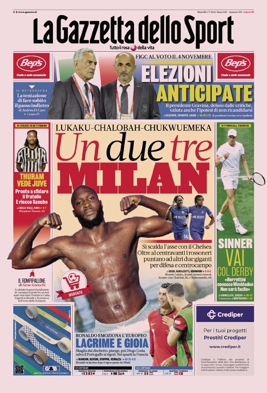 Gazzetta dello Sport prima pagina: Edizione di Oggi, Martedì 02 Luglio 2024