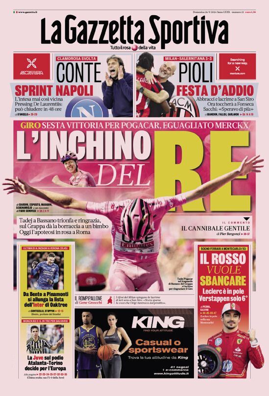 Gazzetta dello Sport prima pagina 
            Edizione di Oggi, Domenica 26 Maggio 2024