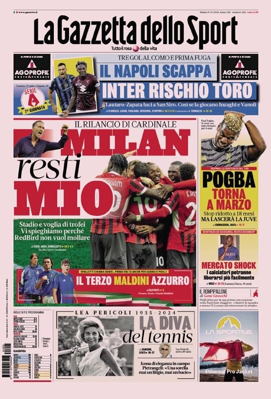 Gazzetta dello Sport prima pagina 
            Edizione di Oggi, Sabato 05 Ottobre 2024