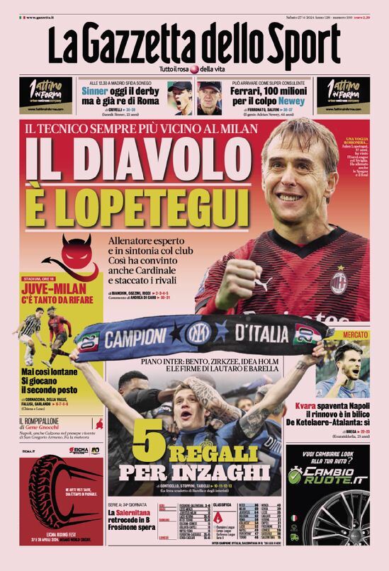 Gazzetta dello Sport prima pagina 
            Edizione di Oggi, Sabato 27 Aprile 2024