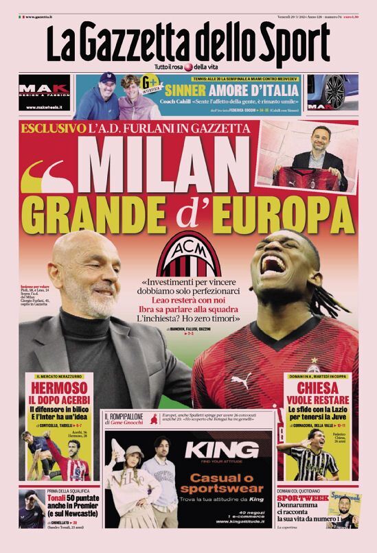 Gazzetta dello Sport prima pagina 
            Edizione di Oggi, Venerdì 29 Marzo 2024