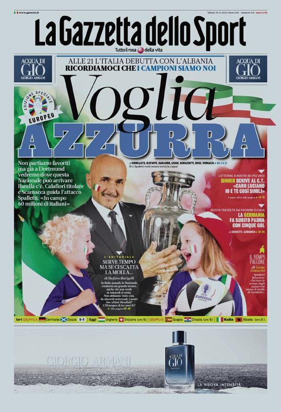 Gazzetta dello Sport Prima Pagina: Edizione di Oggi, Sabato 15 Giugno 2024