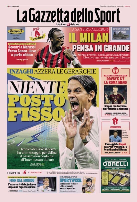 Gazzetta dello Sport prima pagina 
            Edizione di Oggi, Venerdì 27 Settembre 2024