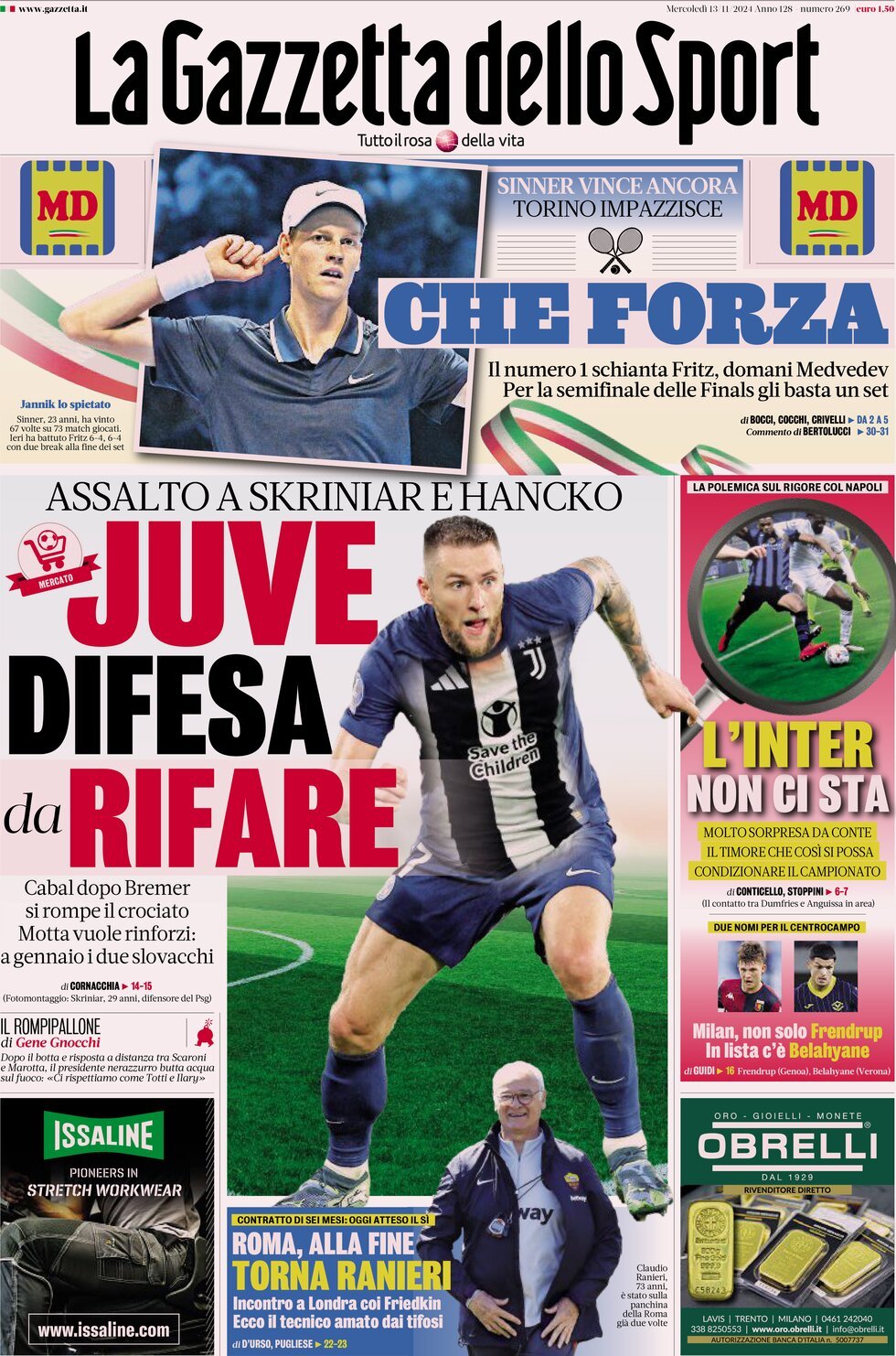 Gazzetta dello Sport prima pagina 
            Edizione di Oggi, Mercoledì 13 Novembre 2024