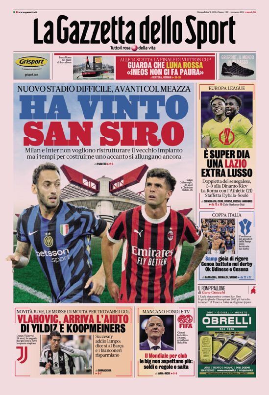 Gazzetta dello Sport prima pagina 
            Edizione di Oggi, Giovedì 26 Settembre 2024