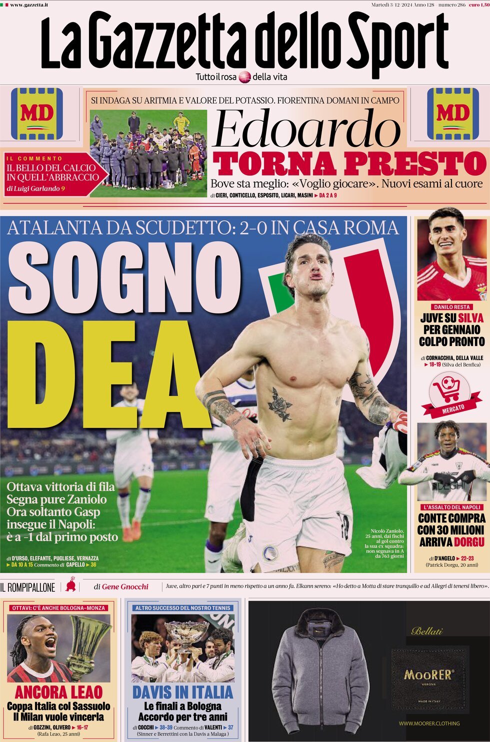 Gazzetta dello Sport prima pagina 
            Edizione di Oggi, Martedì 03 Dicembre 2024