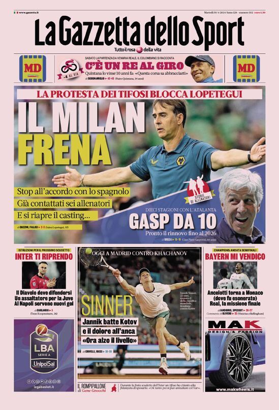 Gazzetta dello Sport prima pagina 
            Edizione di Oggi, Martedì 30 Aprile 2024