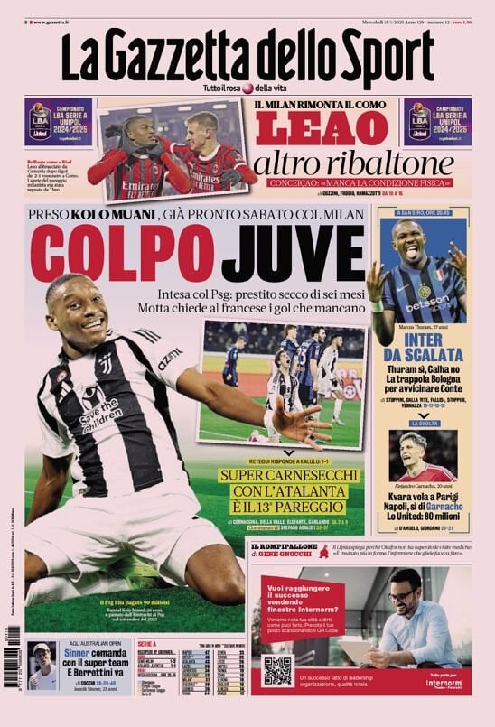 Gazzetta dello Sport prima pagina 
            Edizione di Oggi, Mercoledì 15 Gennaio 2025