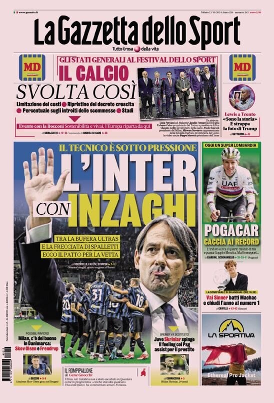 Gazzetta dello Sport prima pagina 
            Edizione di Oggi, Sabato 12 Ottobre 2024