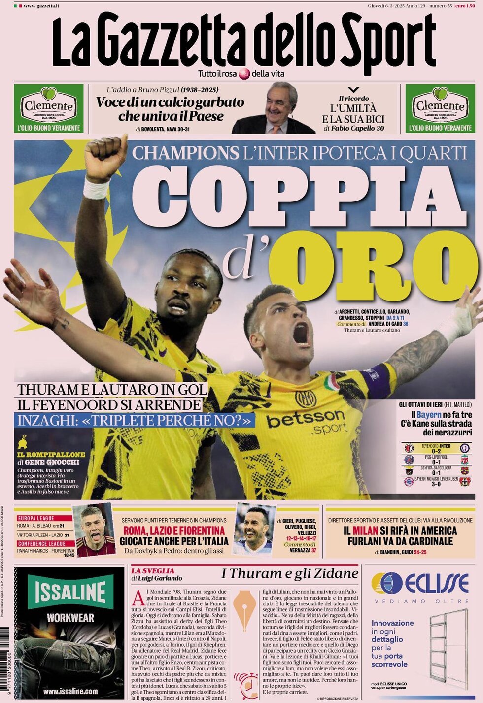 Gazzetta dello Sport prima pagina 
            Edizione di Ieri, Giovedì 06 Marzo 2025