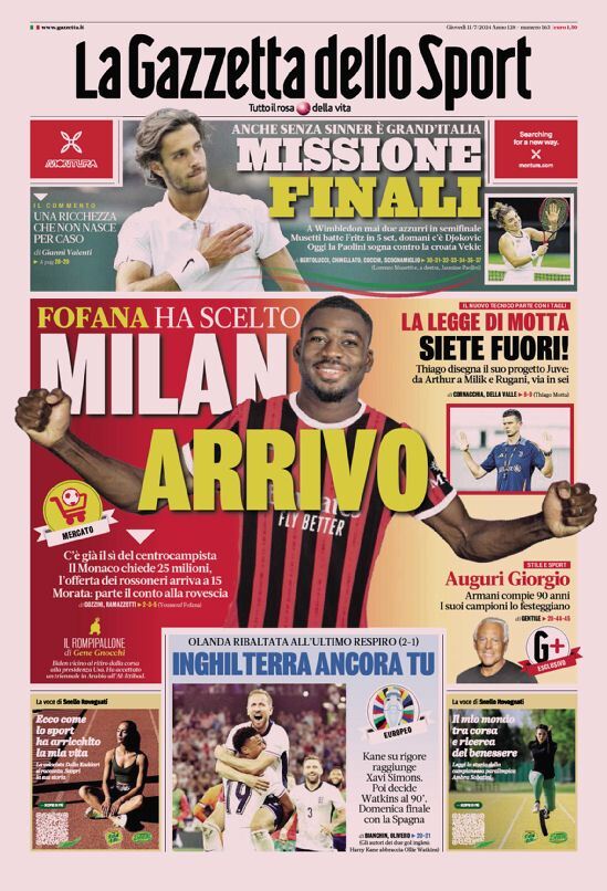 Gazzetta dello Sport prima pagina 
            Edizione di Oggi, Giovedì 11 Luglio 2024