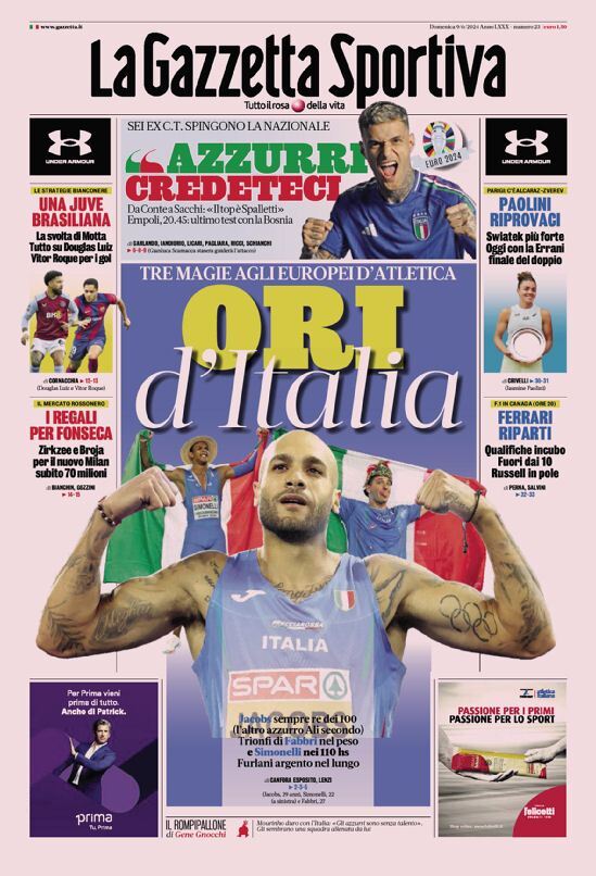 Gazzetta dello Sport prima pagina 
            Edizione di Oggi, Domenica 09 Giugno 2024