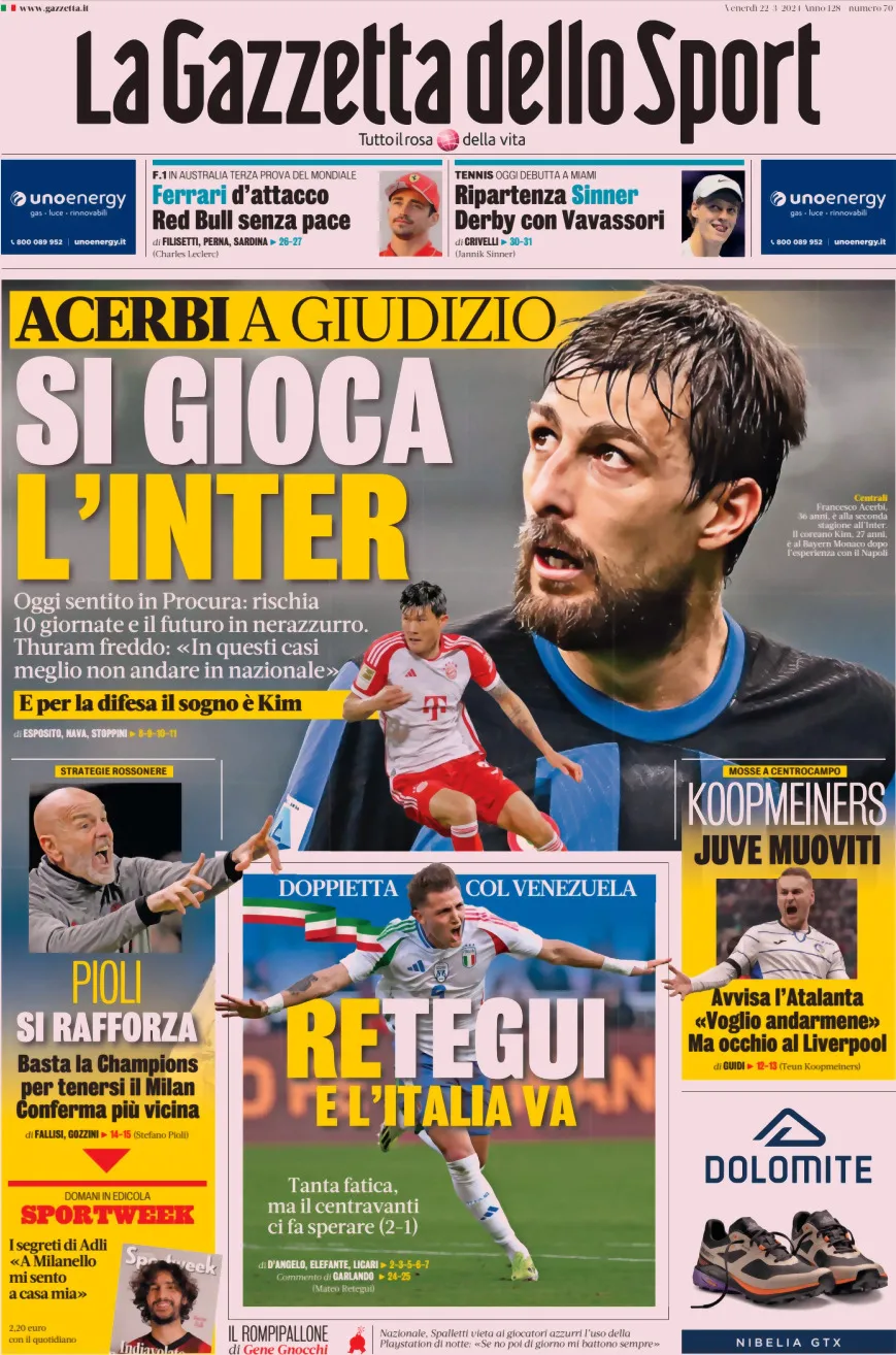 Gazzetta dello Sport prima pagina             Edizione di Oggi, Venerdì 22 Marzo 2024