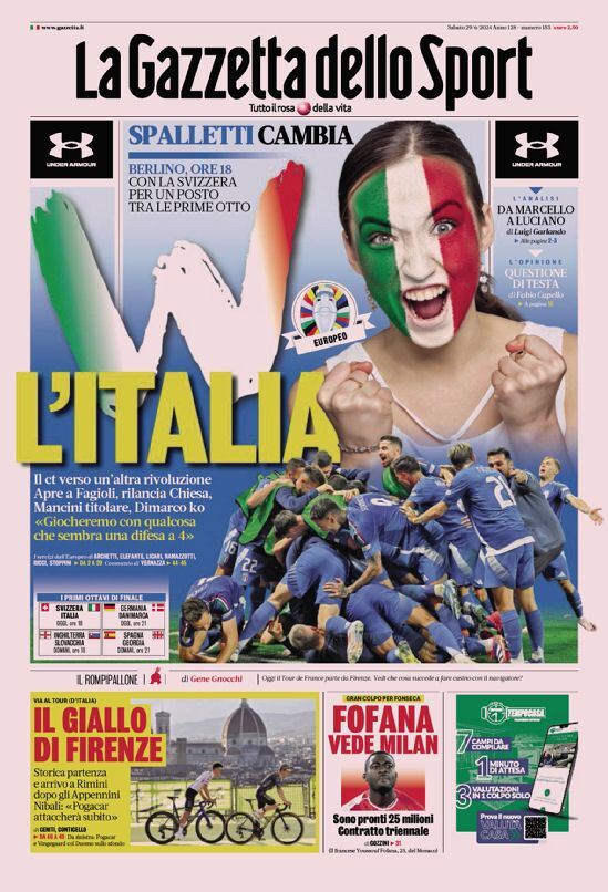 Gazzetta dello Sport Prima Pagina di Oggi, Sabato 29 Giugno 2024