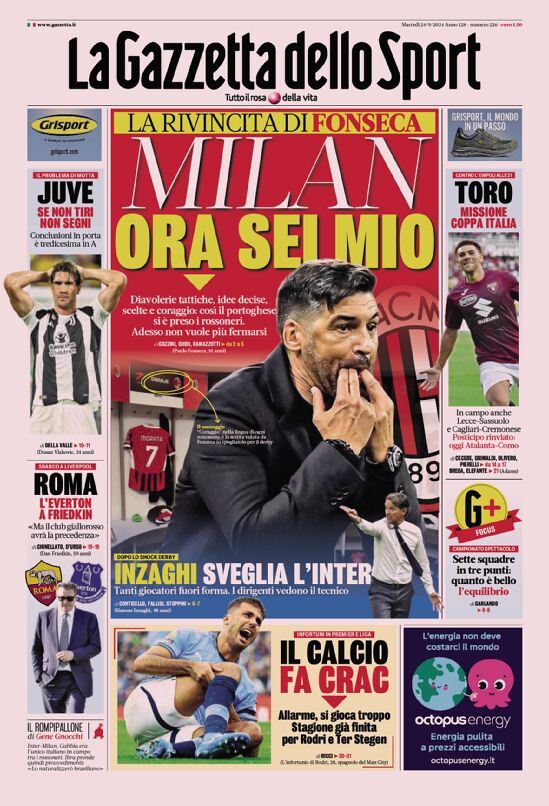 Gazzetta dello Sport prima pagina 
            Edizione di Oggi, Martedì 24 Settembre 2024