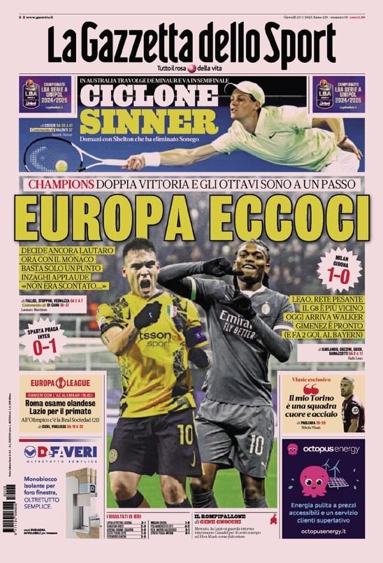 Gazzetta dello Sport prima pagina 
            Edizione di Oggi, Giovedì 23 Gennaio 2025