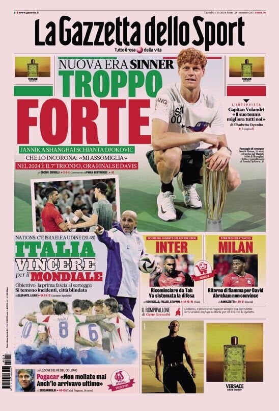 Gazzetta dello Sport prima pagina 
            Edizione di Oggi, Lunedì 14 Ottobre 2024