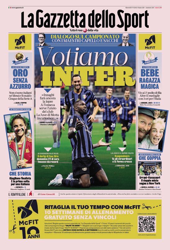 Gazzetta dello Sport prima pagina 
            Edizione di Oggi, Giovedì 05 Settembre 2024