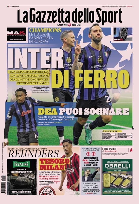 Gazzetta dello Sport prima pagina 
            Edizione di Oggi, Giovedì 07 Novembre 2024