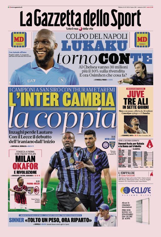 Gazzetta dello Sport Prima Pagina: Edizione di Oggi, Sabato 24 Agosto 2024