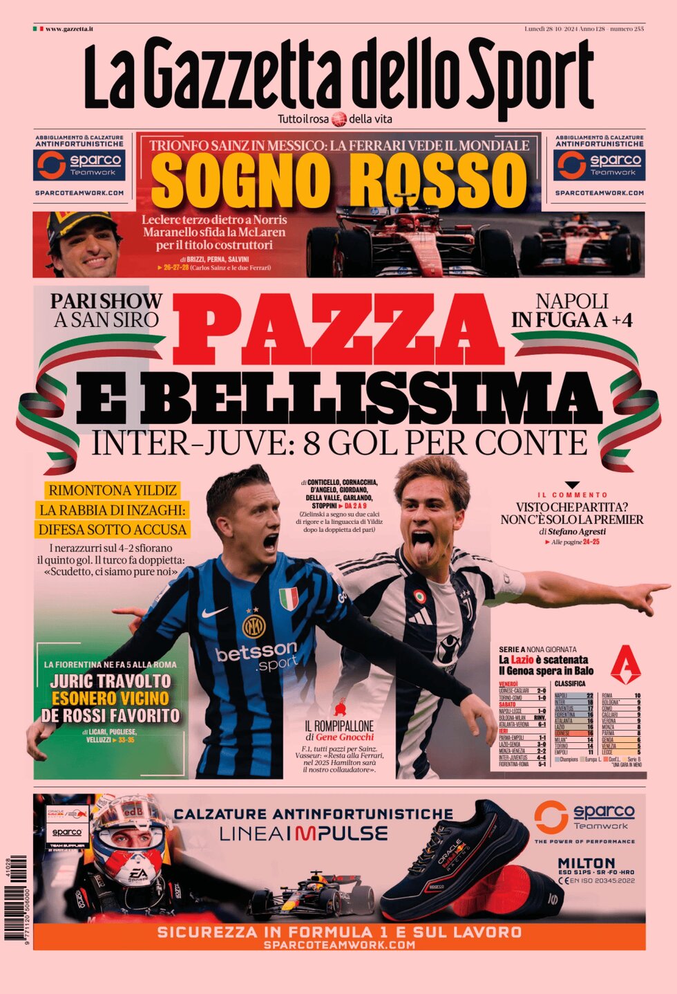 Gazzetta dello Sport prima pagina 
            Edizione di Oggi, Lunedì 28 Ottobre 2024