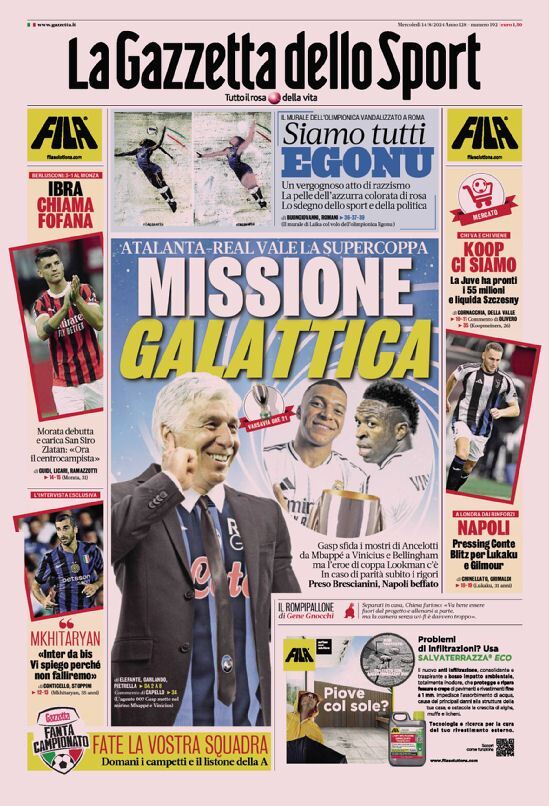 Gazzetta dello Sport Prima Pagina: Edizione di Oggi, Mercoledì 14 Agosto 2024