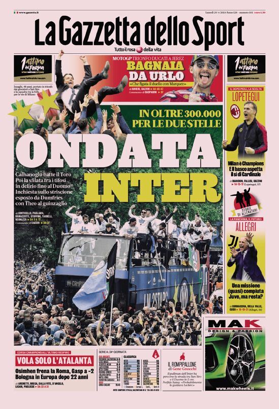 Gazzetta dello Sport prima pagina 
            Edizione di Oggi, Lunedì 29 Aprile 2024