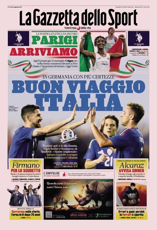 Gazzetta dello Sport prima pagina 
            Edizione di Oggi, Lunedì 10 Giugno 2024