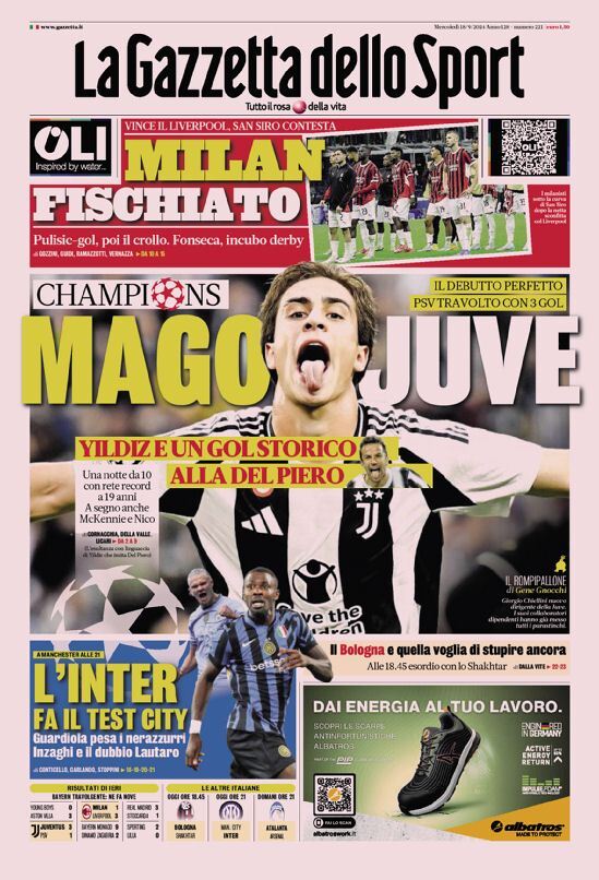 Gazzetta dello Sport prima pagina 
            Edizione di Oggi, Mercoledì 18 Settembre 2024