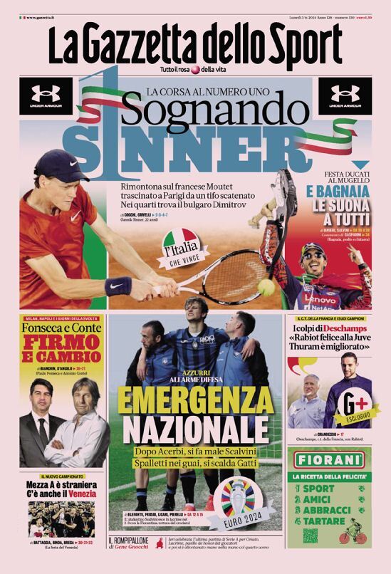 Gazzetta dello Sport prima pagina 
            Edizione di Oggi, Lunedì 03 Giugno 2024