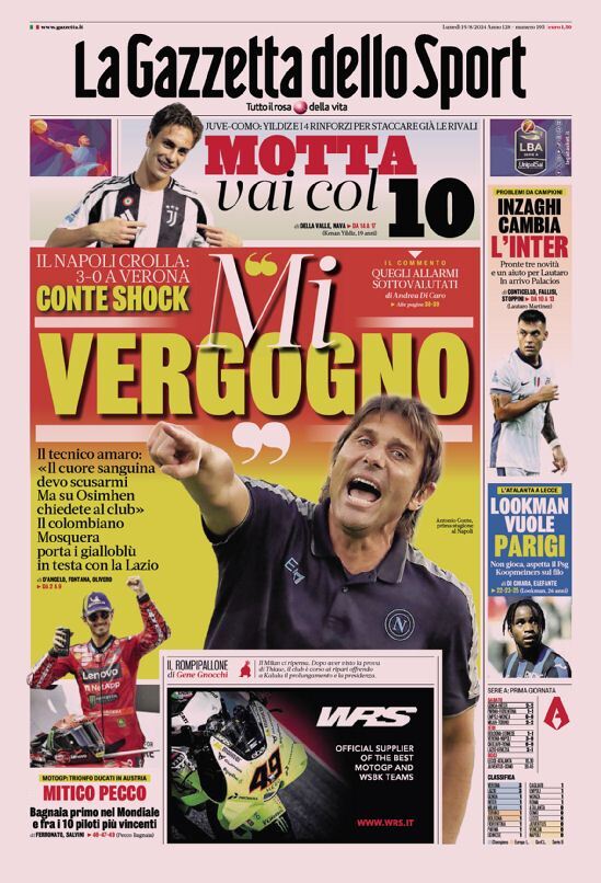 Prima Pagina di Gazzetta dello Sport – Lunedì 19 Agosto 2024