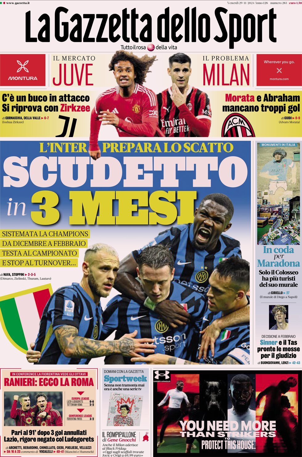 Gazzetta dello Sport prima pagina 
            Edizione di Ieri, Venerdì 29 Novembre 2024